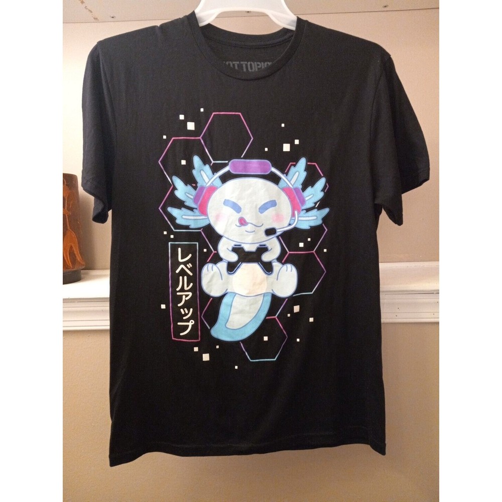 Hot Topic Unisex 100% Cotton Black Printed Axolotl Level Up T-shirt Size M‎